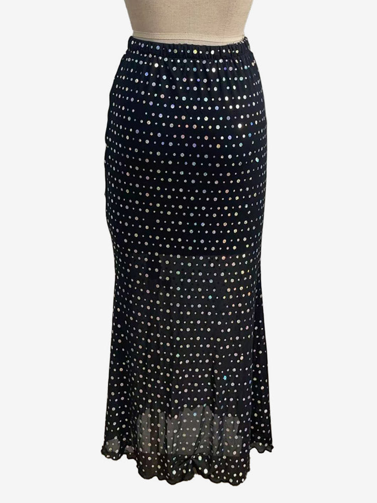Skirts Black Raised Waist Polka Dot Elegant Long Women's Bottoms