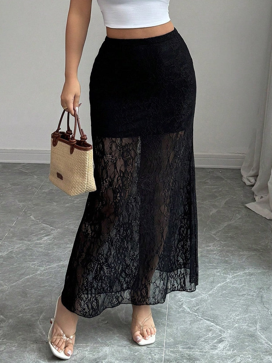 Skirts Black Lace Raised Waist Elegant Sheer Long Women's Bottoms
