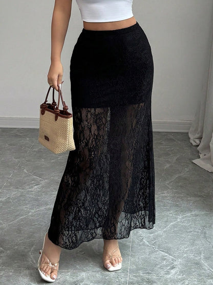Skirts Black Lace Raised Waist Elegant Sheer Long Women's Bottoms