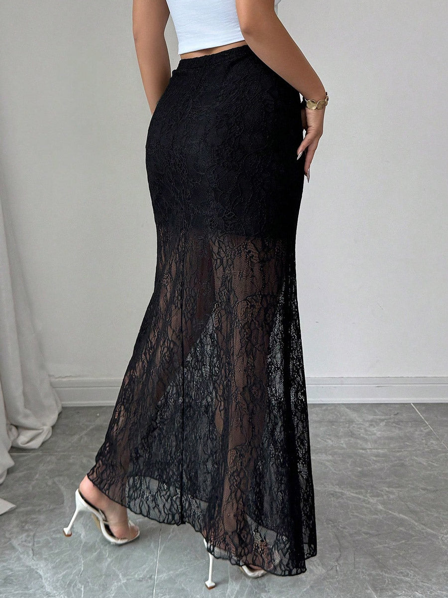Skirts Black Lace Raised Waist Elegant Sheer Long Women's Bottoms