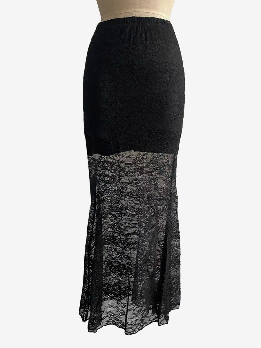 Skirts Black Lace Raised Waist Elegant Sheer Long Women's Bottoms