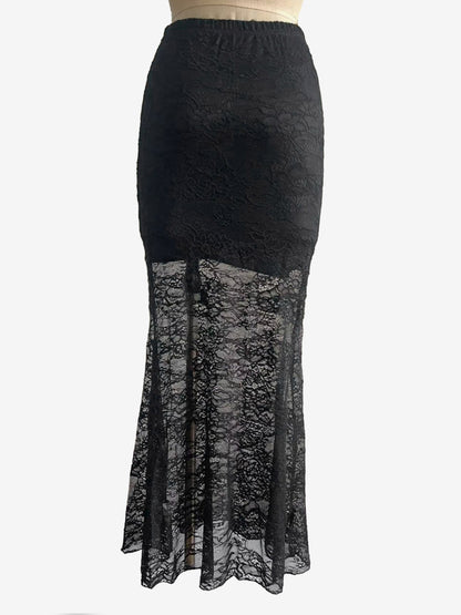 Skirts Black Lace Raised Waist Elegant Sheer Long Women's Bottoms