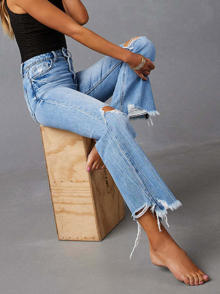 Jeans Bottoms SexyCasual Fringe Raised Waist Denim Jeans