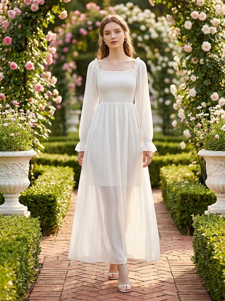 Daily Dresses Maxi Woman's Dress Long Sleeves Square Neck High Rise Waist Academic White Dress