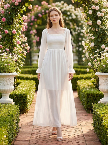 Daily Dresses Maxi Woman's Dress Long Sleeves Square Neck High Rise Waist Academic White Dress