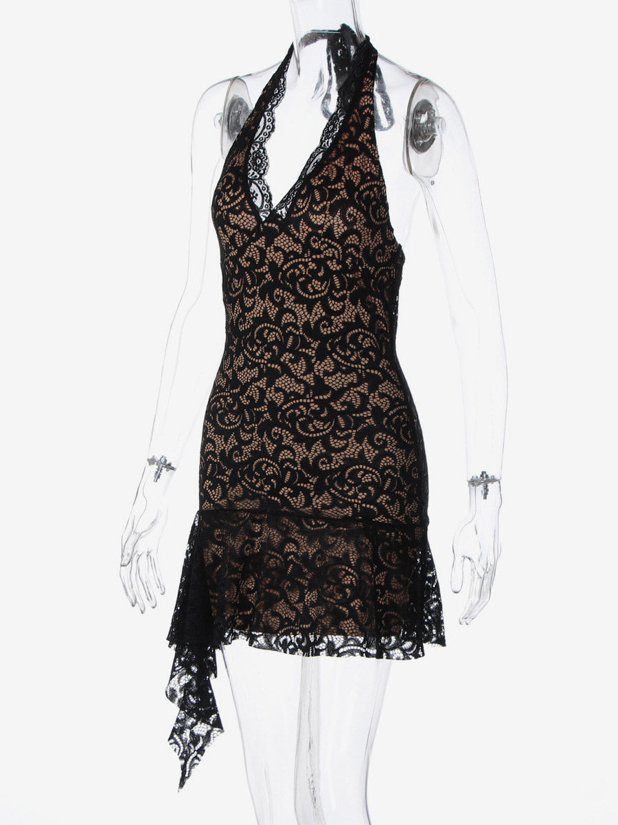 Night Out Dresses Black Lace Halter Deep V Ruffle Mini Dress Bodycon Nightclub Party Outfit