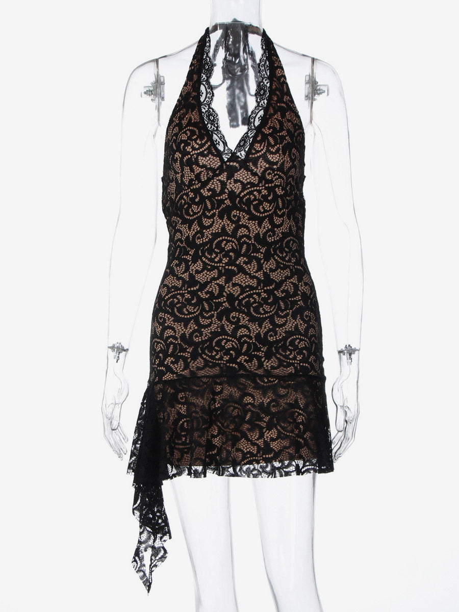 Night Out Dresses Black Lace Halter Deep V Ruffle Mini Dress Bodycon Nightclub Party Outfit