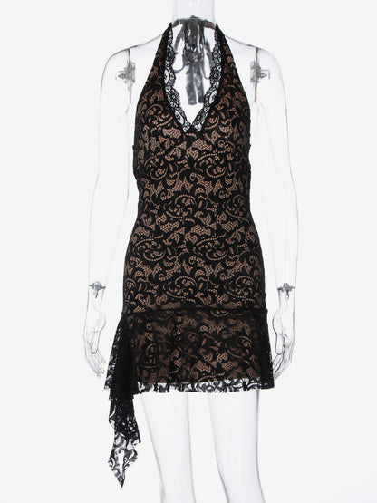 Night Out Dresses Black Lace Halter Deep V Ruffle Mini Dress Bodycon Nightclub Party Outfit
