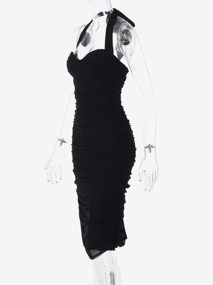 Party Dresses Black Halter Sweetheart Ruched Split Midi Dress Night Club City Outfit