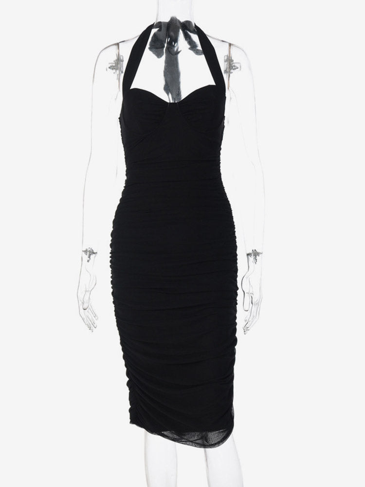 Party Dresses Black Halter Sweetheart Ruched Split Midi Dress Night Club City Outfit