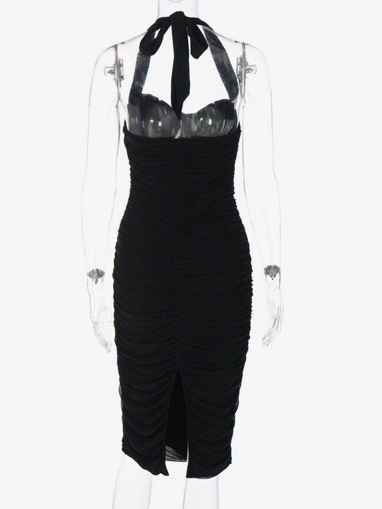 Party Dresses Black Halter Sweetheart Ruched Split Midi Dress Night Club City Outfit
