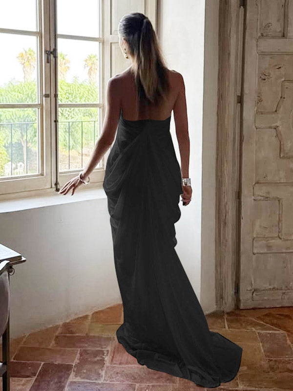 Party Dresses Halter Deep V Pleated Draped Maxi Dress Backless Flowy Evening Gown