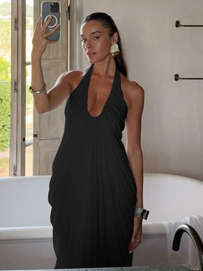 Party Dresses Halter Deep V Pleated Draped Maxi Dress Backless Flowy Evening Gown