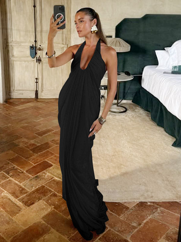 Party Dresses Halter Deep V Pleated Draped Maxi Dress Backless Flowy Evening Gown