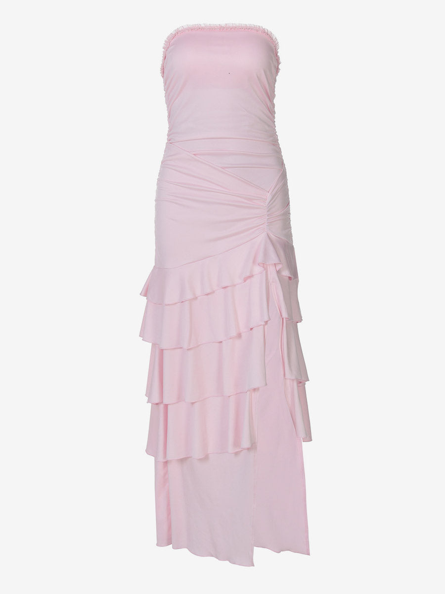 Vacation Dress Strapless Ruched Ruffle Slit Midi Bodycon Dress Beach Resort Sundress