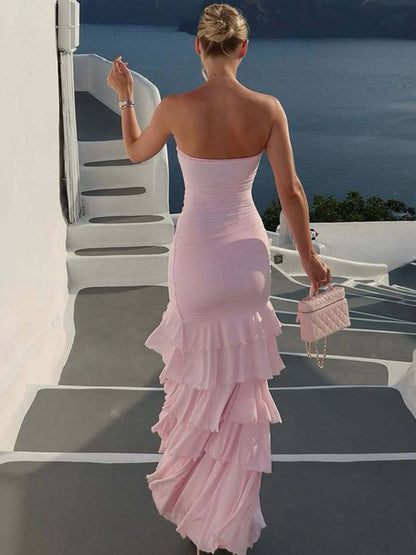 Vacation Dress Strapless Ruched Ruffle Slit Midi Bodycon Dress Beach Resort Sundress