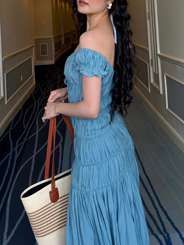 Vacation Dress Flowy Tiered Smocked Maxi Off Shoulder Ruffle Sleeve Summer Resort Vacation Sundress