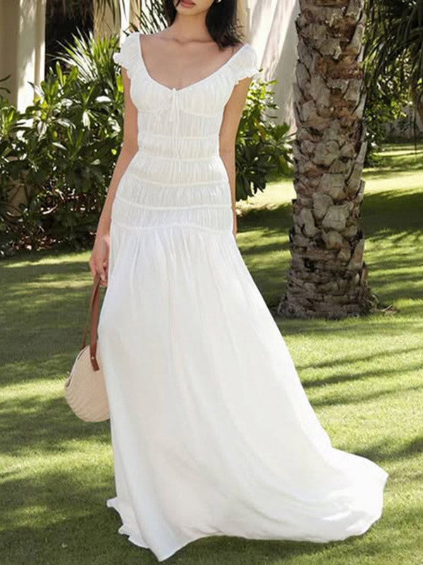 Vacation Dress Flowy Tiered Smocked Maxi Off Shoulder Ruffle Sleeve Summer Resort Vacation Sundress