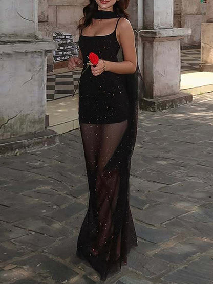 Night Out Dresses Black Glitter Mesh Choker Slit Maxi Dress See Through Night Club Party Gown