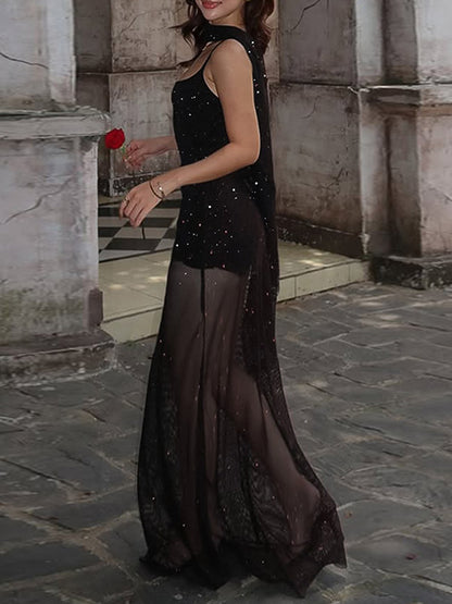 Night Out Dresses Black Glitter Mesh Choker Slit Maxi Dress See Through Night Club Party Gown