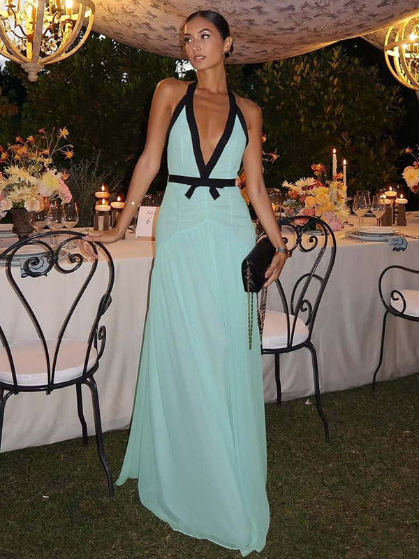 Vacation Dresses Flowy Chiffon Deep V Backless Halter Maxi Dress Summer Resort Evening Party Dress