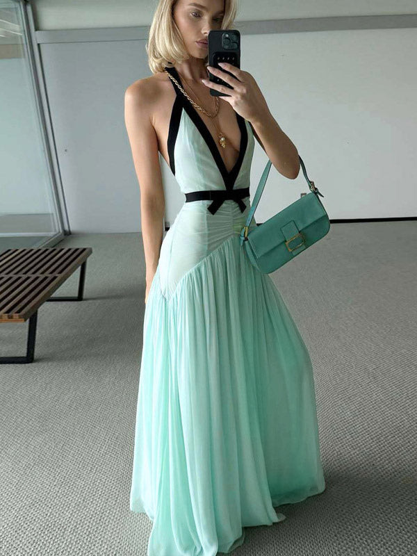 Vacation Dresses Flowy Chiffon Deep V Backless Halter Maxi Dress Summer Resort Evening Party Dress
