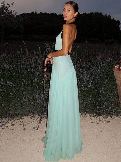 Vacation Dresses Flowy Chiffon Deep V Backless Halter Maxi Dress Summer Resort Evening Party Dress