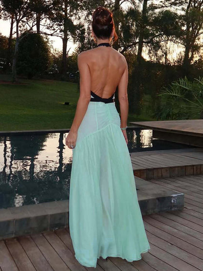 Vacation Dresses Flowy Chiffon Deep V Backless Halter Maxi Dress Summer Resort Evening Party Dress