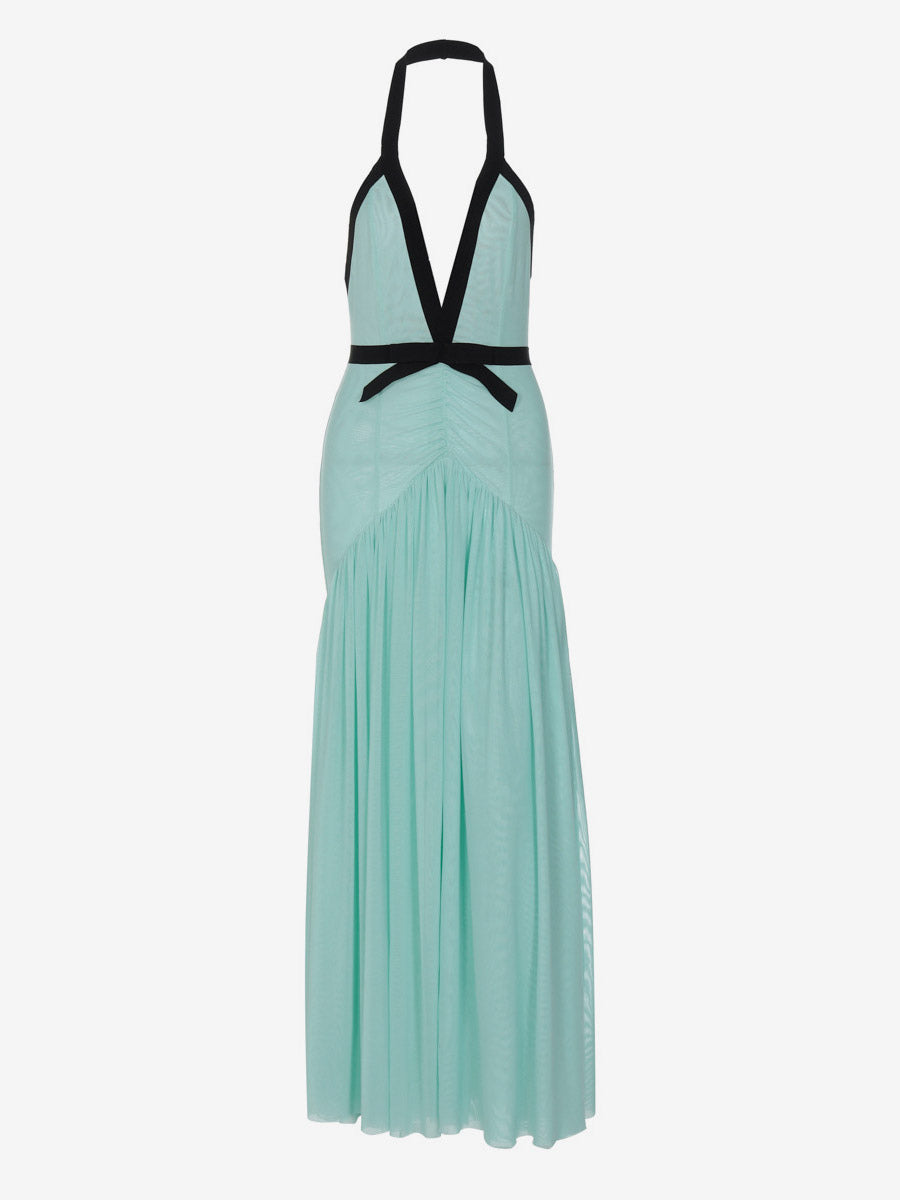 Vacation Dresses Flowy Chiffon Deep V Backless Halter Maxi Dress Summer Resort Evening Party Dress