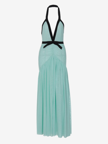 Vacation Dresses Flowy Chiffon Deep V Backless Halter Maxi Dress Summer Resort Evening Party Dress