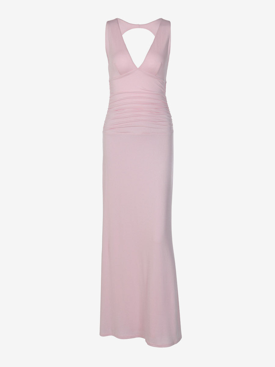Vacation Dresses Blush Pink Deep V Cutout Back Ruched Bodycon Maxi Dress Evening Cocktail Gown