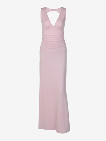 Vacation Dresses Blush Pink Deep V Cutout Back Ruched Bodycon Maxi Dress Evening Cocktail Gown