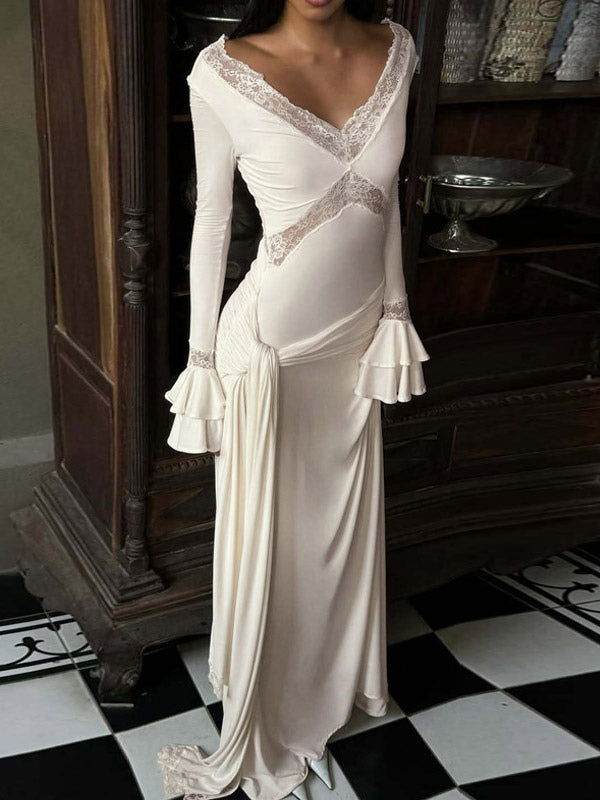 Party Dresses Off Shoulder Lace Trim Flare Sleeve Maxi Dress Deep V Bodycon Mermaid Gown