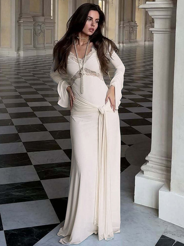 Party Dresses Off Shoulder Lace Trim Flare Sleeve Maxi Dress Deep V Bodycon Mermaid Gown