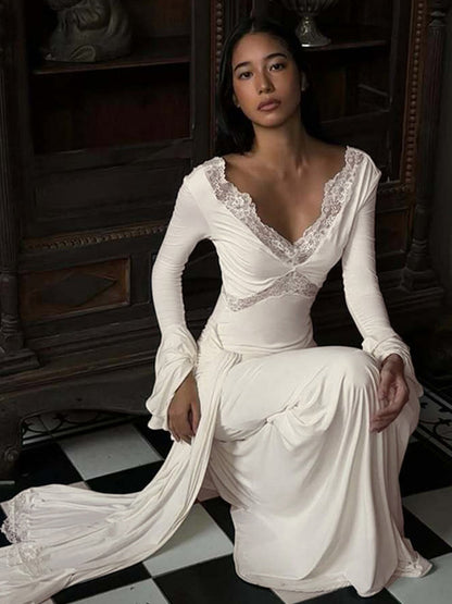 Party Dresses Off Shoulder Lace Trim Flare Sleeve Maxi Dress Deep V Bodycon Mermaid Gown