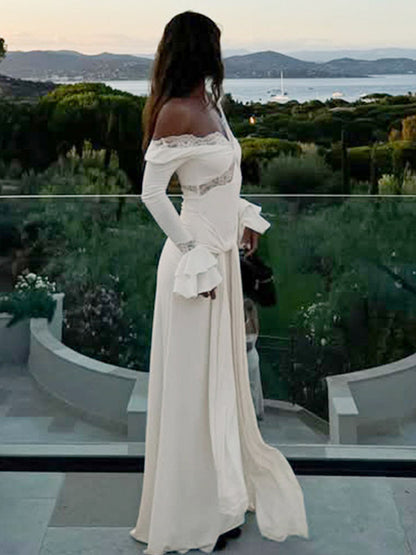 Party Dresses Off Shoulder Lace Trim Flare Sleeve Maxi Dress Deep V Bodycon Mermaid Gown