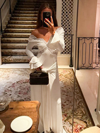 Party Dresses Off Shoulder Lace Trim Flare Sleeve Maxi Dress Deep V Bodycon Mermaid Gown