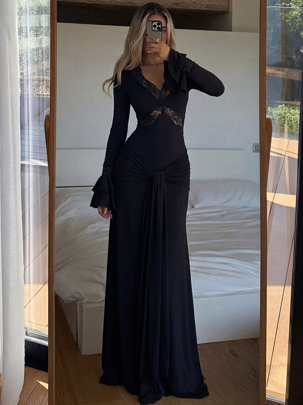 Party Dresses Off Shoulder Lace Trim Flare Sleeve Maxi Dress Deep V Bodycon Mermaid Gown