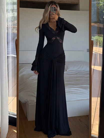 Party Dresses Off Shoulder Lace Trim Flare Sleeve Maxi Dress Deep V Bodycon Mermaid Gown