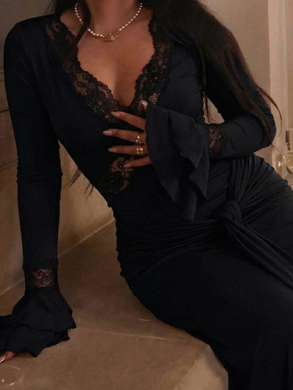 Party Dresses Off Shoulder Lace Trim Flare Sleeve Maxi Dress Deep V Bodycon Mermaid Gown