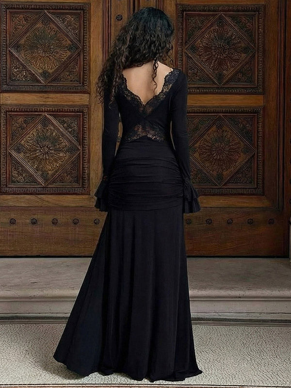 Party Dresses Off Shoulder Lace Trim Flare Sleeve Maxi Dress Deep V Bodycon Mermaid Gown