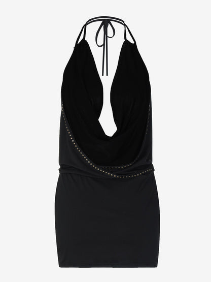 Party Dresses Black Rivet Trim Halter Open Back Bodycon Mini Dress Nightclub Party Outfit