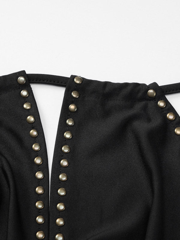 Party Dresses Black Rivet Trim Halter Open Back Bodycon Mini Dress Nightclub Party Outfit