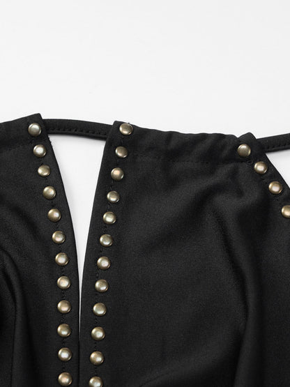 Party Dresses Black Rivet Trim Halter Open Back Bodycon Mini Dress Nightclub Party Outfit