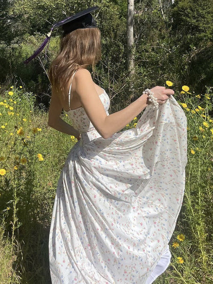Date Night Dresses Spaghetti Strap Ditsy Floral Corset Maxi Dress Bustier A-Line Floor Length Gown