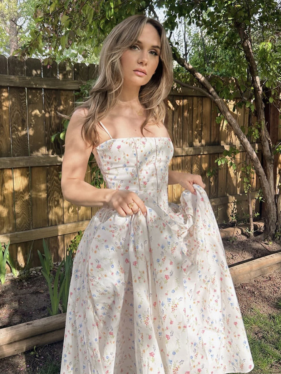 Date Night Dresses Spaghetti Strap Ditsy Floral Corset Maxi Dress Bustier A-Line Floor Length Gown