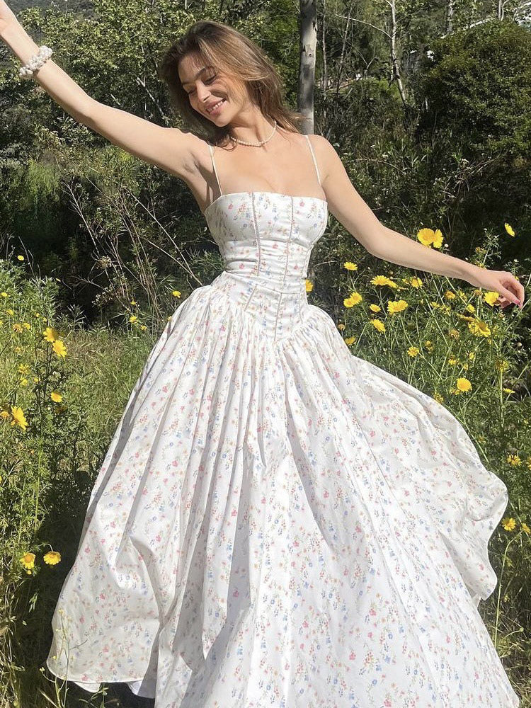 Date Night Dresses Spaghetti Strap Ditsy Floral Corset Maxi Dress Bustier A-Line Floor Length Gown