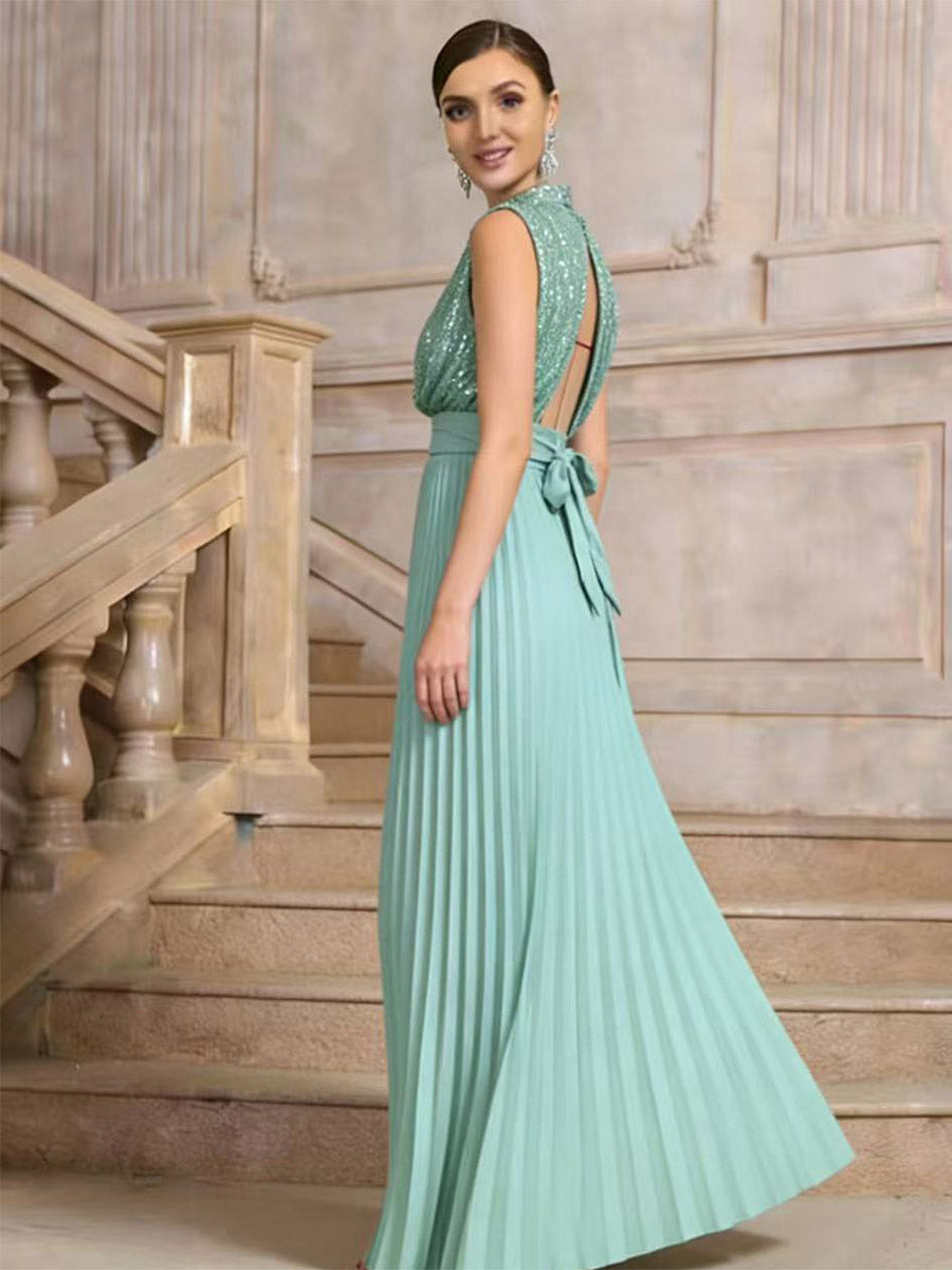 Party Dresses High Neck Sequin Sleeveless Back Bow Pleated Maxi Evening Gown