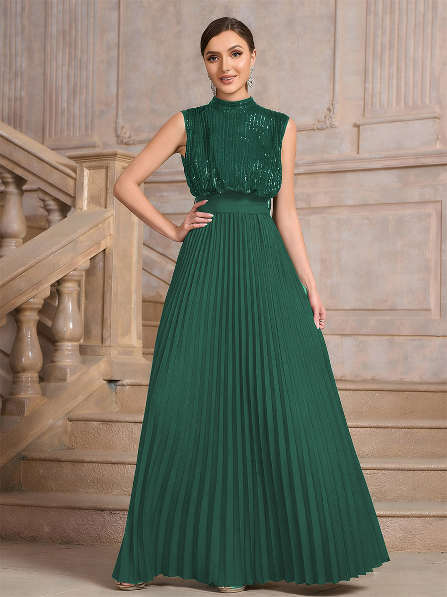 Party Dresses High Neck Sequin Sleeveless Back Bow Pleated Maxi Evening Gown