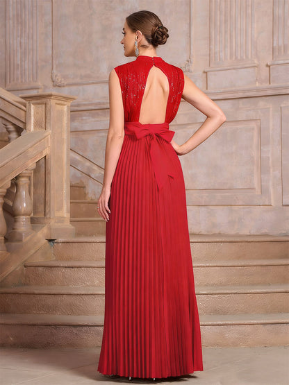 Party Dresses High Neck Sequin Sleeveless Back Bow Pleated Maxi Evening Gown